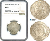 Hungary, Leopold I, 6 Kreuzer 1680 NB, Nagybanya Mint, Silver, Husz. 1455, Very rare condition and date, Light toning, NGC MS61, Top Pop and single fi...