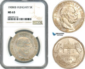 Hungary, Franz Joseph, 5 Korona 1908 KB, Kremnitz Mint, Silver, KM# 488, NGC MS63