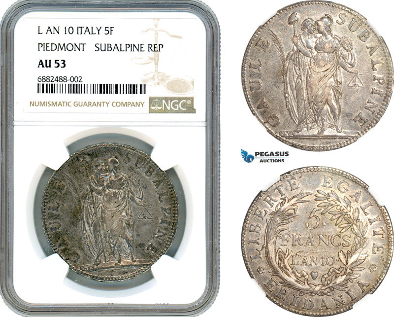 Italy, Piedmont Republic, 5 Francs An 10 (1801/1802), Turin Mint, Silver, Dav-19...