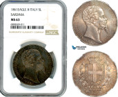 Italy, Sardinia, Vittorio Emanuele II, 5 Lire 1861 (Eagle) B, Turin Mint, Silver, Pag 390, MIR 1057, Old cabinet toning, NGC MS63, Very rare!