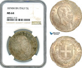 Italy, Vittorio Emanuele II, 5 Lire 1874 M BN, Milan Mint, Silver, KM# 8.3, Light champagne toning, NGC MS64, Top Pop
