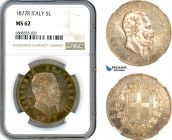 Italy, Vittorio Emanuele II, 5 Lire 1877 R, Rome Mint, Silver, KM# 8.4, NGC MS62