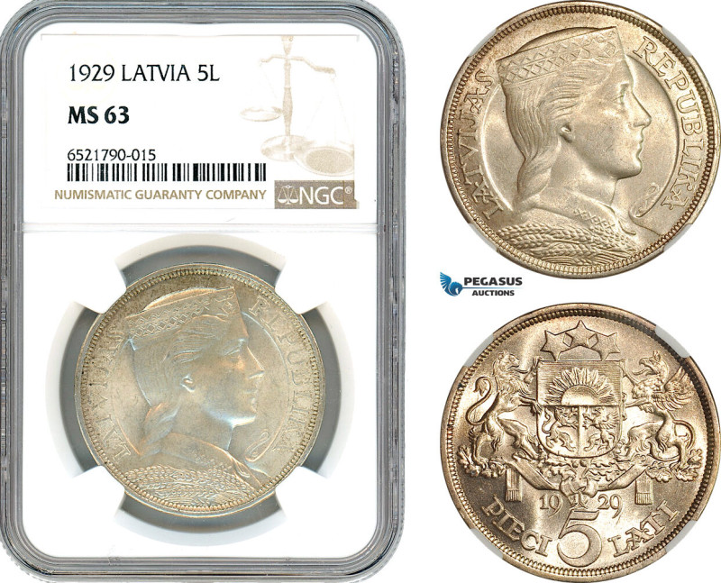 Latvia, 5 Lati 1929, Silver, KM# 9, NGC MS63