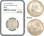 Lithuania, 5 Litai 1936, Silver, Dr. Jonas Basanavicius, KM# 82, Light champagne toning, NGC MS64