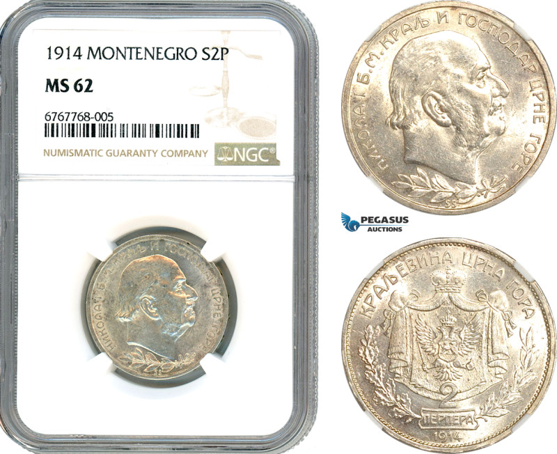 Montenegro, Nicholas I, 2 Perpera 1914, Vienna Mint, Silver, KM# 20, NGC MS62