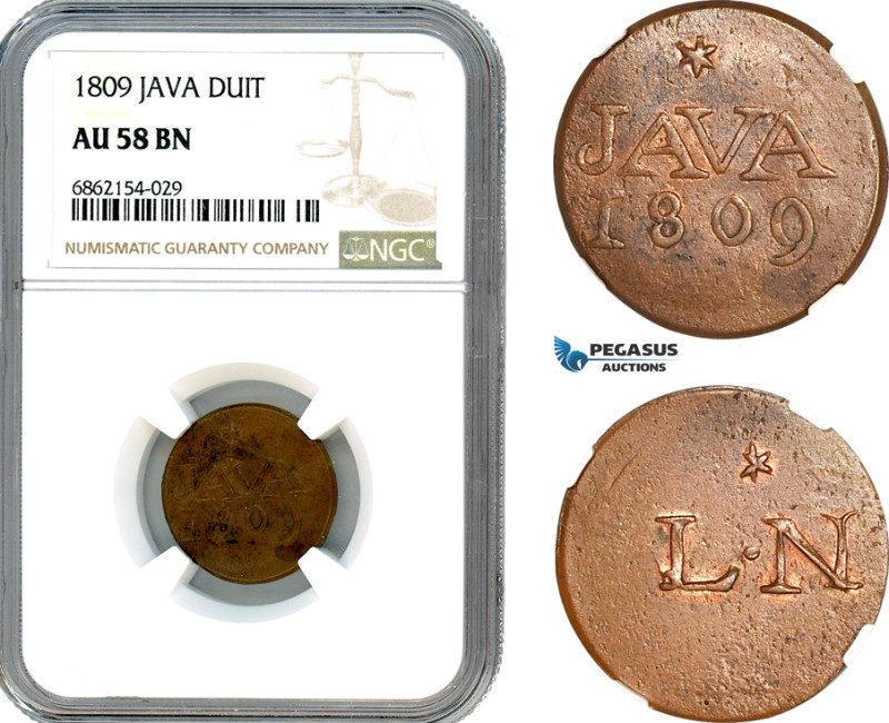 Netherlands East Indies, Java, Duit 1809, KM# 223, NGC AU58 BN, Top Pop and sing...