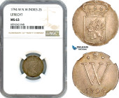 Netherlands West Indies, 2 Stuivers 1794 W, Utrecht Arms, Silver, KM# 1, Champagne toning, NGC MS63