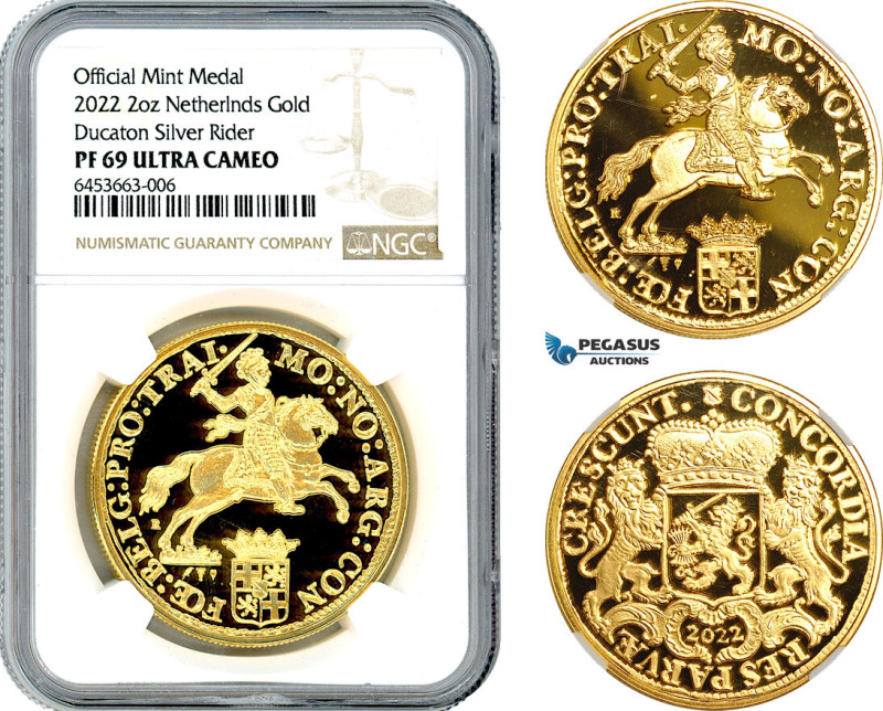 Netherlands, "Ducaton Restrike" Medal (2 oz) 2022 R, Utrecht Mint, Gold, KM# --,...