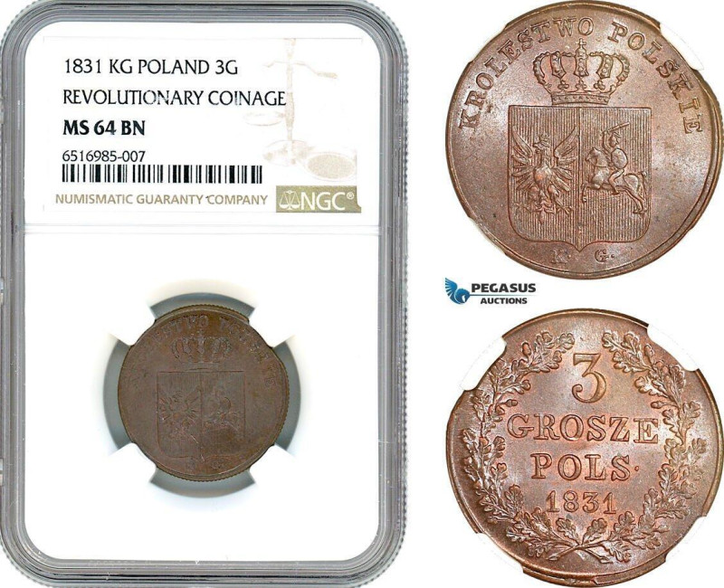 Poland, Revolutionary Coinage, 3 Grosze 1831 KG, KM# 120, Hints of red lustre, c...