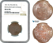 Poland, Revolutionary Coinage, 3 Grosze 1831 KG, KM# 120, Hints of red lustre, clipped edge, very flashy, NGC MS64 BN