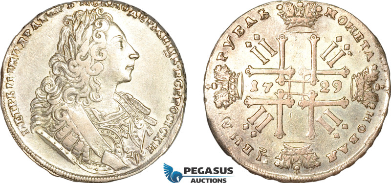 Russia, Peter II, Rouble 1729, Moscow Mint, Silver, Points above the sleeve, Bit...