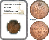 Russia, Nicholas I, 1 Kopek 1842 СПM, St. Petersburg Mint, Bitkin# 829, NGC MS64 RB, Top Pop, Rare in RB!