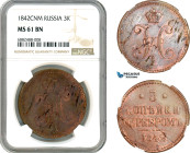 Russia, Nicholas I, 3 Kopeks 1842 СПM, St. Petersburg Mint, Bitkin# 811, NGC MS61 BN, Top Pop and single finest graded!