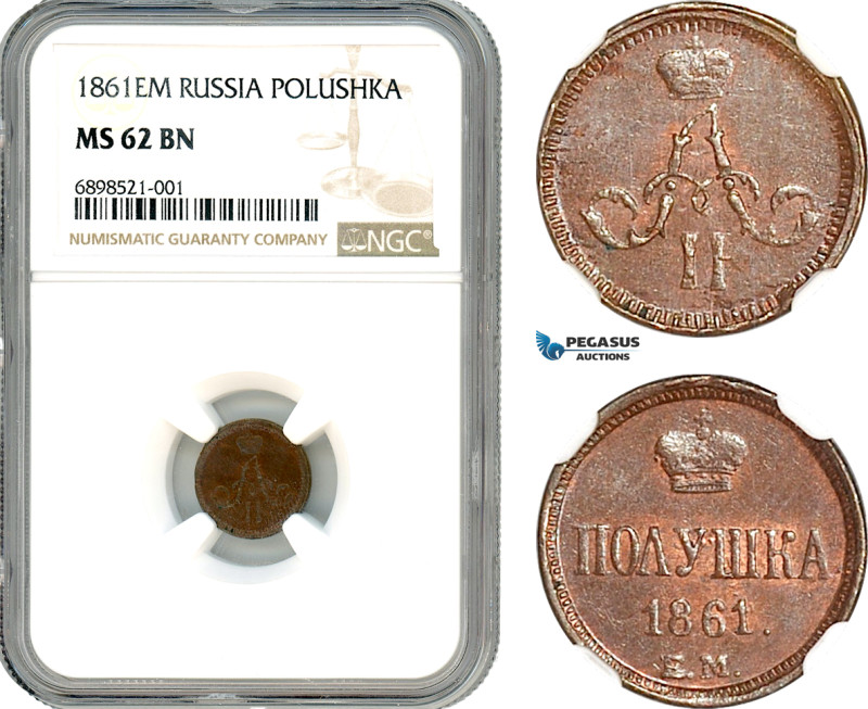 Russia, Alexander II, Polushka 1861 EM, Ekaterinburg Mint, Bitkin# 385, NGC MS62...