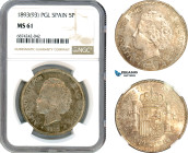 Spain, Alfonso XIII, 5 Pesetas 1893 (93) PGL, Madrid Mint, Silver, Cal#21, Old cabinet toning, NGC MS61
