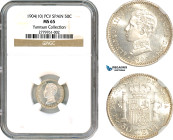 Spain, Alfonso XIII, 50 Centimos 1904 (10*) PCV, Madrid Mint, Silver, Cal#62, Blast white, NGC MS65