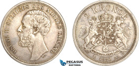 Sweden, Oscar II, 2 Kronor 1880 EB, OCH variety, Silver, SM 49, Toned, VF, Rare!