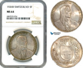Switzerland, Bern, 5 Francs 1926 B, Silver, Dav-394, KM# 38, Lustrous with old cabinet toning, NGC MS64