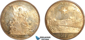 Switzerland, Fribourg, 5 Francs (Schutzentaler) 1881, Silver, HMZ-2-1342m, Obv scratch, Multicolour toning, AU-UNC