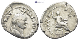 Vespasian AD 69-79. Rome Denarius AR (19mm., 3,14 g). IMP CAES VESP AVG CENS, laureate head right / PONTIF MAXIM, Vespasian seated right on curule cha...