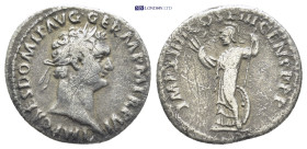 Domitian, 81-96 A.D. Denarius, (20mm, 2.9 g) 90-91 A.D. Rome. Laureate head r. Rv. Minerva standing l. holding thunderbolt and spear, shield at her fe...