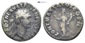 Nerva (AD 96-98). AR denarius (18mm,3.5 g). Rome, AD 98-99. IMP CAES NERVA TRAIAN AVG GERM, laureate head of Trajan right / PONT MAX TR POT COS II, Pa...