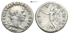 TRAJAN (98-117). Denarius. (18mm, 2.8 g) Rome. Obv: IMP CAES NERVA TRAIAN AVG GERM. Laureate head right. Rev: P M TR P COS IIII P P. Victory advancing...