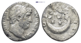 Hadrian AR Denarius. (17mm, 2.3 g) AD 125-128. HADRIANVS AVGVSTVS, laureate bust right, slight drapery on far shoulder / COS III, crescent and seven s...