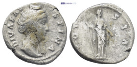 Diva Faustina, died AD 140/1. AR, Denarius. (18mm, 2.9 g). Rome. Obv: DIVA FAVSTINA. Bust of Faustina I, draped, right, hair elaborately waved in seve...