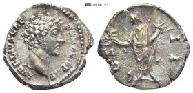 Marcus Aurelius, as Caesar (AD 161-180). AR denarius (17mm, 3.0 g). Rome, ca. AD 145-147. AVRELIVS CAES-AR AVG PII F, bare head of Marcus Aurelius rig...