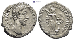Commodus AR Denarius. (18mm, 2.8 g) Rome, AD 183-184. M COMMODVS ANTON AVG PIVS, laureate head right / P M TR P VIIII I MP VI COS IIII P P, Minerva ad...