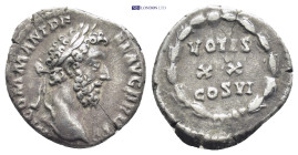 Commodus. AD 177-192. AR Denarius (18mm, 3.4 g). Rome mint. Struck AD 191. Laureate head right / VOTIS/X • X/COS VI in three lines within laurel wreat...