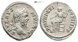 Septimius Severus AR Denarius. (18mm, 3.11 g)Rome, AD 208. SEVERVS PIVS AVG, laureate head right / P M TR P XVI COS III P P, Concordia seated left, ho...