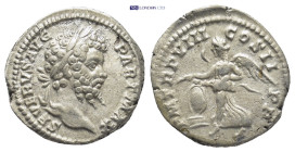 Septimius Severus AR Denarius. (18mm, 3.24 g) Rome, AD 198-200. SEVERVS AVG PART MAX, laureate head right / P M TR P VIII COS II P P, Victory flying l...