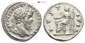 Septimius Severus AR Denarius. (19mm, 3.2 g) Laodicea ad Mare, AD 198-202. L SEPT SEV AVG IMP XI PART MAX, laureate head right / IVSTITIA, Iustitia se...