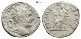Septimius Severus. Silver denarius, AD 197-198. Rome. (17mm, 2.8 g) Obv: L SEPT SEV PERT AVG IMP X, laureate head right. Rev: PACI AETERNAE, Pax seate...