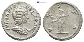 Julia Domna, Augusta, 193-217. Denarius (Silver, 18mm, 2.8 g), struck under her son, Caracalla, Rome, 211-217. IVLIA PIA FELIX AVG Draped bust of Juli...