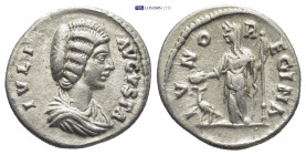 Julia Domna, wife of Septimius Severus AD 193-217. Struck AD 200-207. AR Denarius (18mm, 3.3 g). Rome. IVLIA AVGVSTA, draped bust right / IVNO REGINA,...