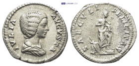Julia Domna. Augusta, A.D. 193-217. AR denarius (19mm, 3.4 g). Rome mint, struck A.D. 200-207. IVLIA AVGVSTA, draped bust of Julia Domna right / SAECV...