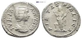 Julia Domna. Denarius. (18mm, 3.0 g) 196-211 AD. Rome. Anv.: IVLIA AVGVSTA, draped bust to right. Rev.: PIETAS PVBLICA, Pietas standing facing, head t...