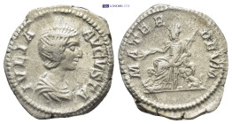 Julia Domna. Denarius. (18mm, 3.2 g) 196-211 d.C. Rome. Rev.: MATER DEVM, Cybele, towered, seated to left on throne between two lions, resting arm on ...