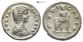 Julia Domna. Denarius. (18mm, 3.3 g) 196-211 d.C. Rome. Anv.: IVLIA AVGVSTA, draped bust to right. Rev.: PVDICITIA, Pudicitia seated to left, resting ...