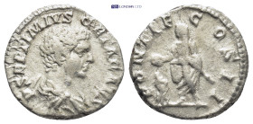 GETA (209-211). Denarius. (17mm, 3.2 g) Rome. Obv: P SEPTIMIVS GETA CAES. Bare headed, draped bust right. Rev: PONTIF COS II. Geta standing left with ...
