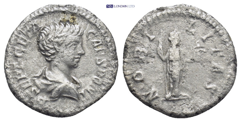 Geta as Caesaer, 198-209 AD. AR, Denarius. (17mm, 2.9 g). Rome. Obv: P SEPT GETA...