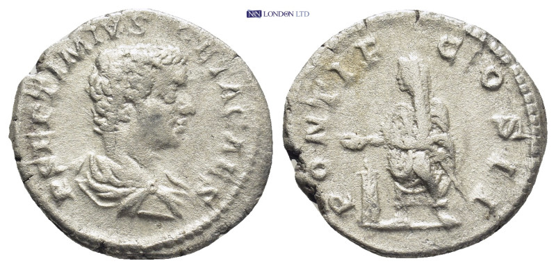 Geta as Caesar, 198-209 AD. AR, Denarius. (19mm, 2.9 g). Rome. Obv: P SEPTIMIVS ...