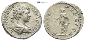 Geta as Caesar; 198-209 AD, Rome, 198 AD, Denarius, (18mm, 3.0 g) Obv: L SEPTIMIVS - GETA CAES Bare-headed, draped bust r. Rx: SPES - PVBLICA Spes wal...