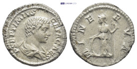 Geta as Caesar; 198-209 AD, Rome, 206 AD, Denarius, (19mm,3.2 g) Obv: GETA CAES - PONTIF Bare-headed, draped bust r. Rx: MINE - RVA Minerva standing l...