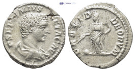 Geta, as caesar (Septimius Severus, 193-211), Denarius, Rome, AD 203-208; AR (19mm, 3.2 g); P SEPTIMIVS - GETA CAES, bust, draped, head bare, r., Rv. ...
