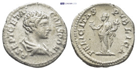 Geta, as Caesar, AR Denarius. (19mm, 3.1 g) Rome, AD 200-202. P SEPT GETA CAES PONT, bare headed and draped bust right / FELICITAS PVBLICA, Felicitas ...