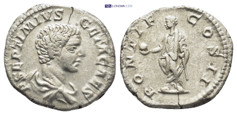 Geta, as Caesar, AR Denarius. (19mm, 3.5 g) Rome, AD 209. P SEPTIMIVS GETA CAES,...